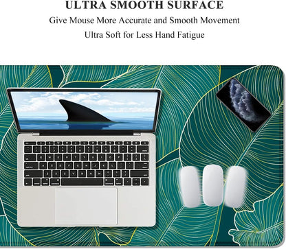 Extended Mouse Pad, XXL Gaming Mouse Pads, Large Big Mousepad Laptop Computer Keyboard Mat Desk Pad with Non-Slip Base Stitched Edge for Gaming Office, 35.5 X 15.7 Inch, Tropical Leaves